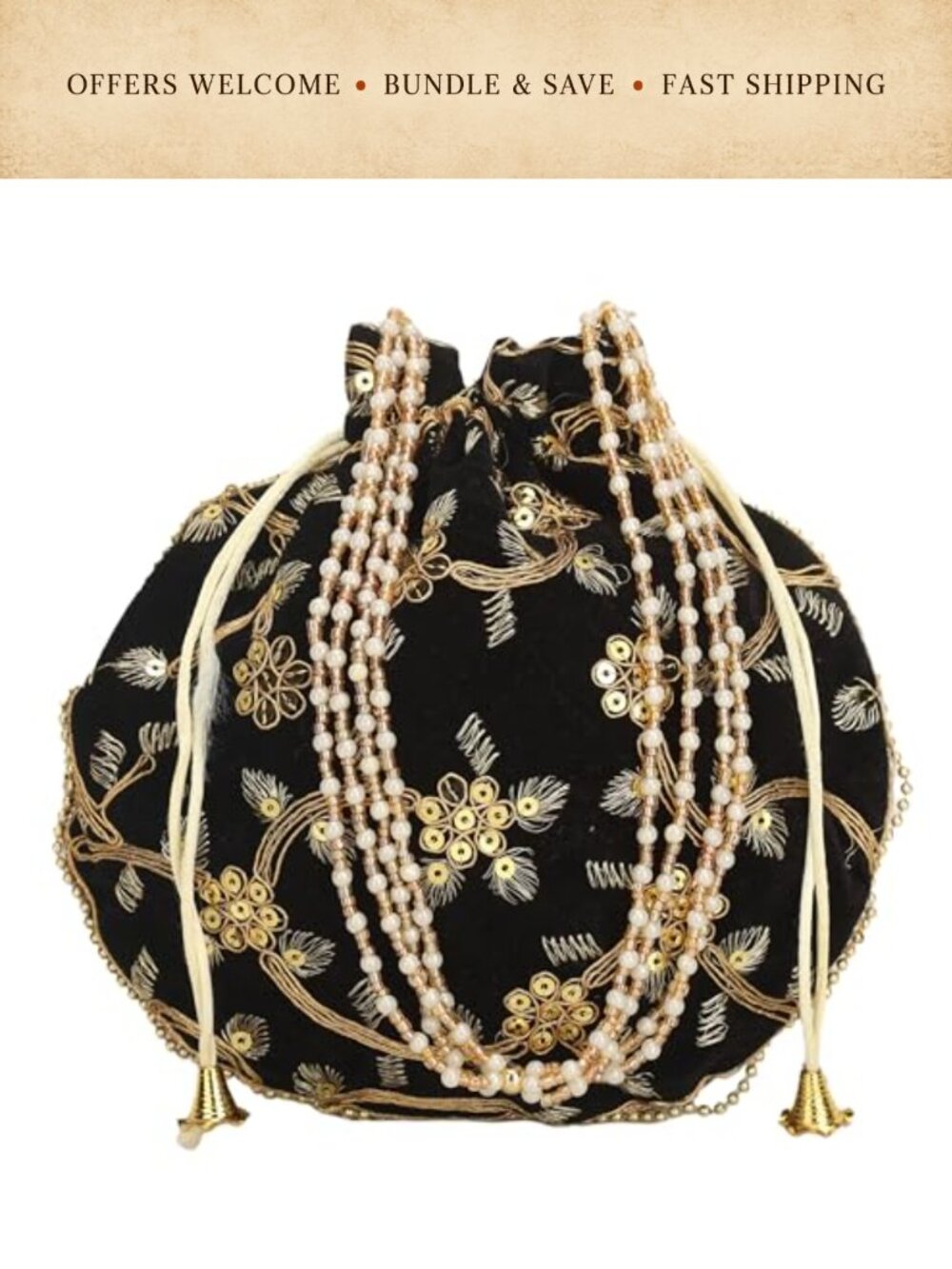 Embroidered Silk Potli Bag Drawstring Cheed Moti Handle Clutch Purse